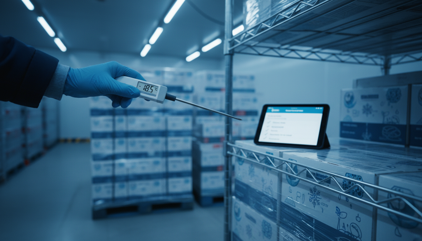 Contrôle de température au thermomètre numérique sur une palette de produits alimentaires en entrepôt frigorifique, avec une tablette de checklist hygiène