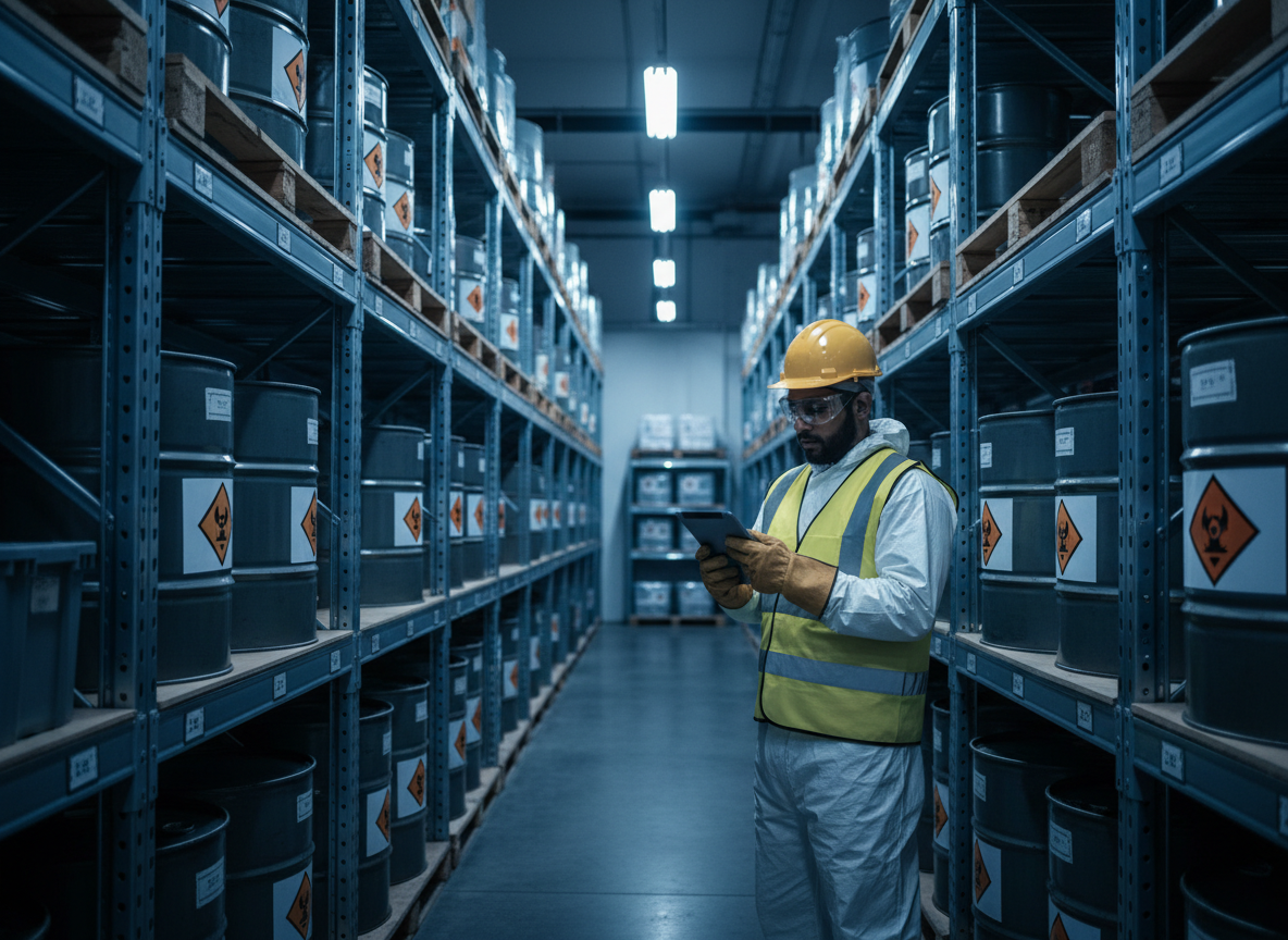 Un responsable sécurité contrôle une zone de stockage de produits dangereux en entrepôt avec une tablette