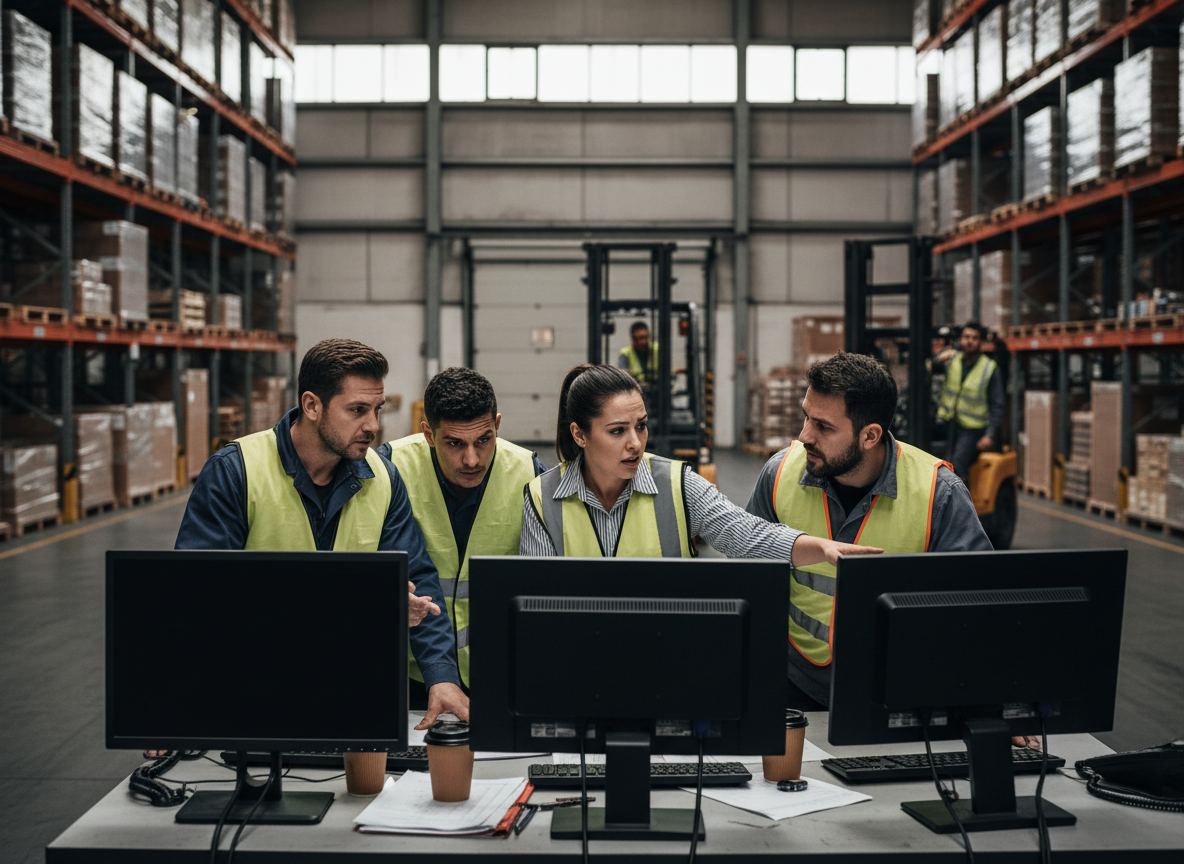 Des opérateurs logistiques réagissent face à une panne informatique soudaine sur un quai de réception d'entrepôt