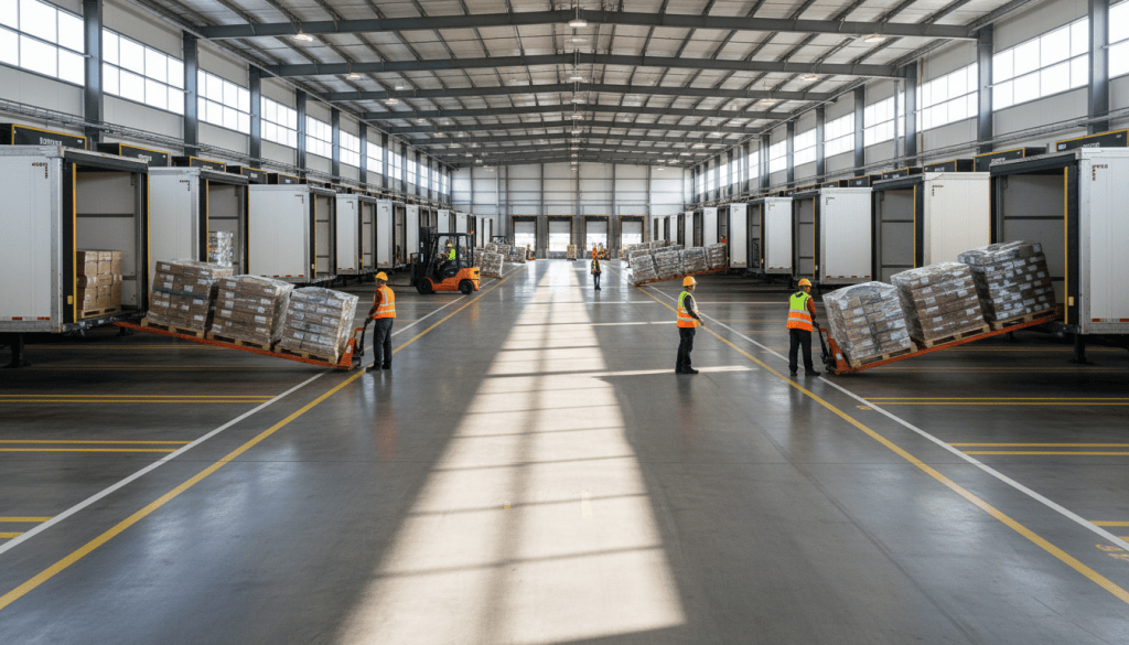 Plateforme de cross-docking avec des camions à quai et des opérateurs transférant des palettes d'un camion entrant vers un camion sortant