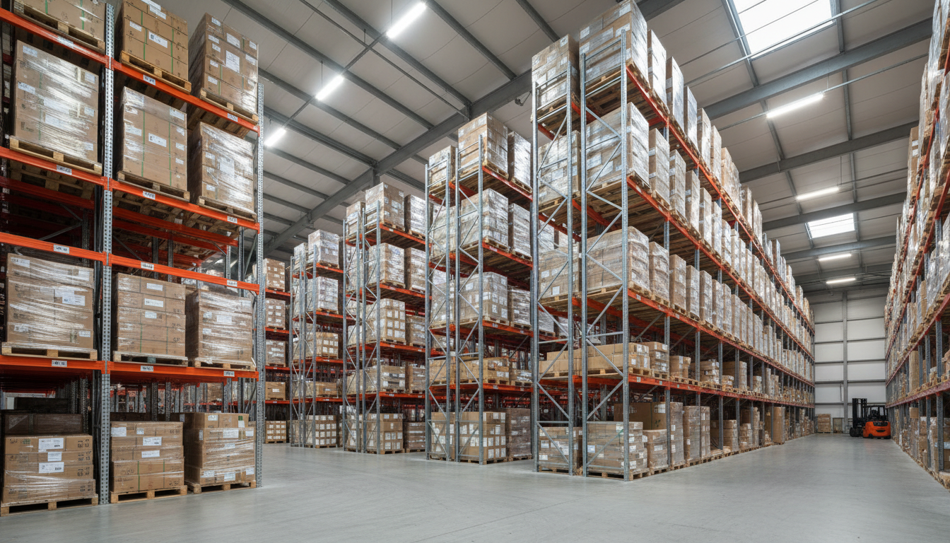 Entrepôt logistique avec des racks de stockage partiellement vides illustrant la capacité disponible