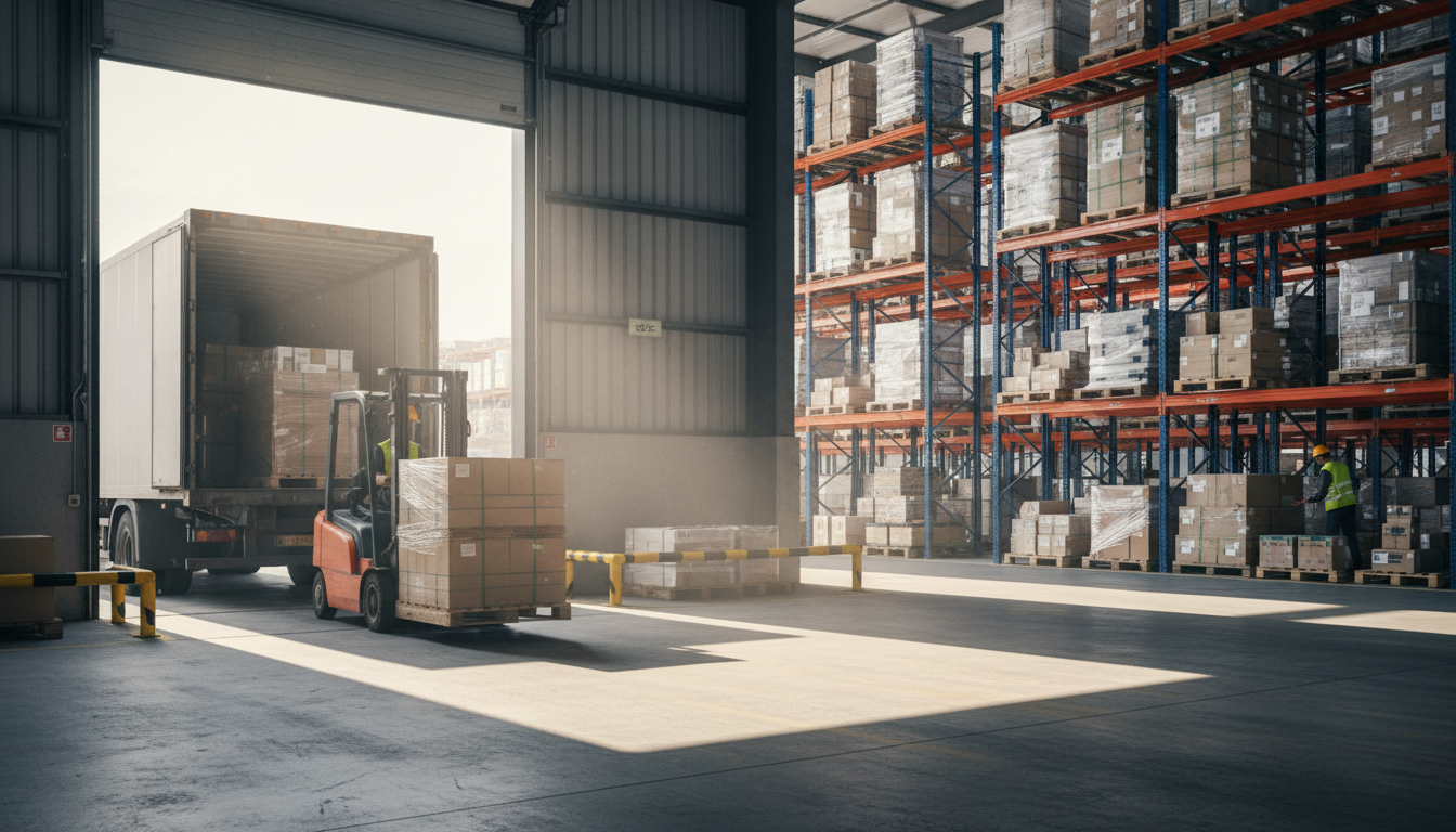Quai de chargement d'une plateforme logistique avec un cariste manipulant une palette près d'un camion