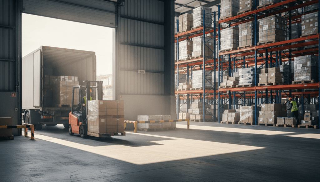Quai de chargement d'une plateforme logistique avec un cariste manipulant une palette près d'un camion