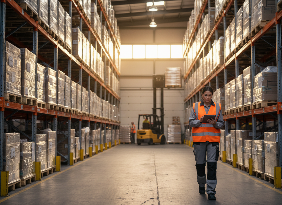 Un directeur de plateforme logistique inspecte les allées de son entrepôt, tablette en main, entre les racks de palettes.