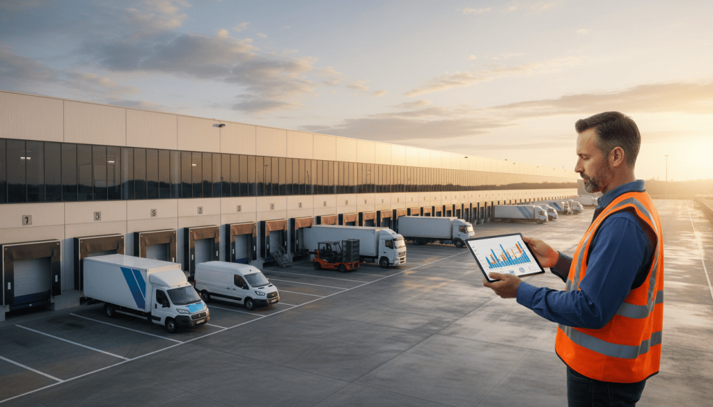 Responsable logistique avec une tablette devant des camions de livraison, dont des camions électriques, aux quais d'un entrepôt à l'aube