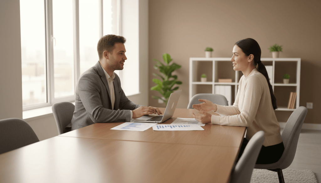 Entretien constructif entre un responsable RH et un collaborateur autour d'indicateurs d'équipe