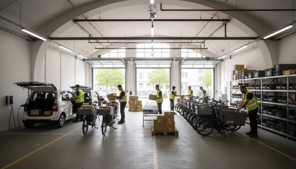Hub logistique urbain où des opérateurs trient des colis avant chargement sur des vélos cargo et des utilitaires électriques