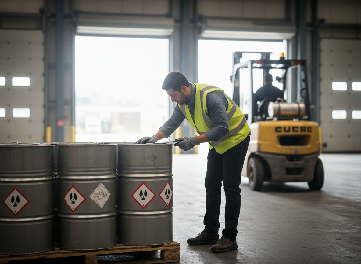 Un cariste inspecte une palette de fûts sur un quai de réception d'entrepôt logistique