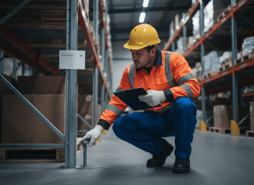 Responsable sécurité inspectant un rack de stockage lors d'un audit sécurité en entrepôt
