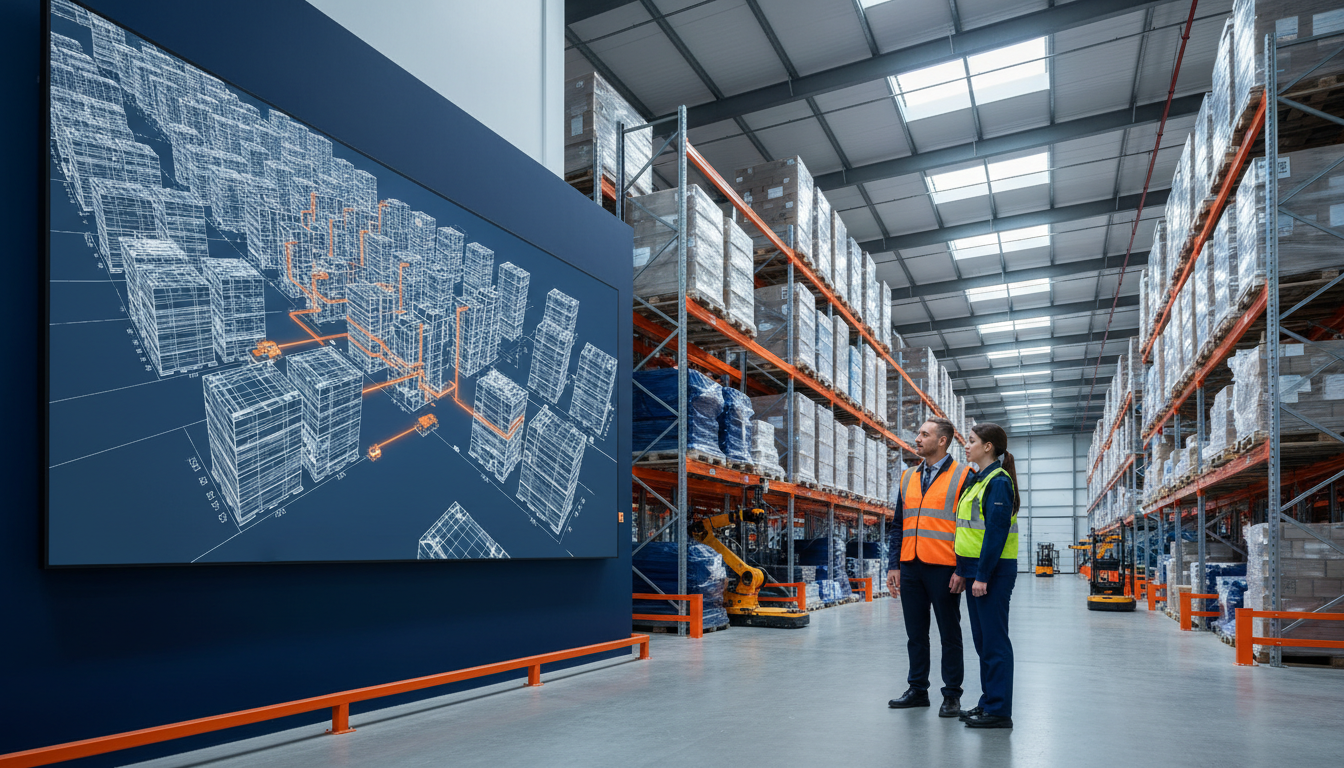 Deux responsables d'entrepôt analysent sur un écran mural le jumeau numérique en 3D de leur site logistique, avec les allées et les flux de chariots