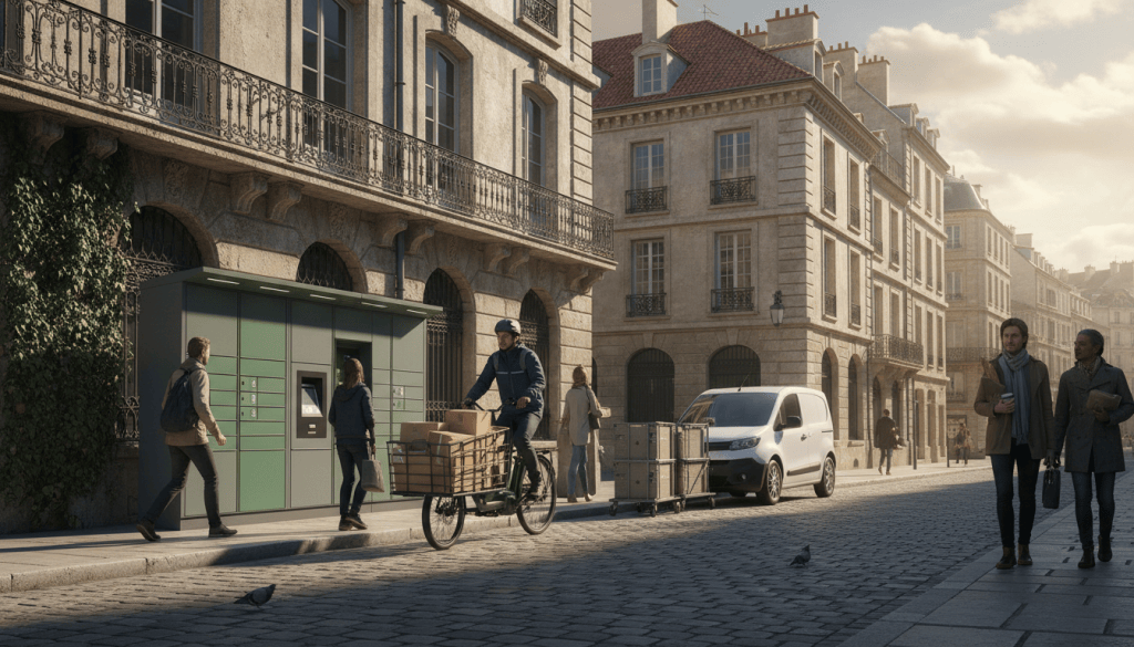 Livreur à vélo cargo électrique déposant des colis dans une rue de centre-ville, à côté d'un utilitaire électrique et d'un point de retrait