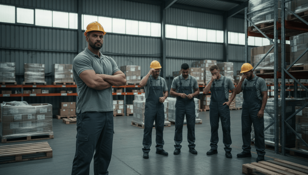 Chef d'équipe à l'attitude autoritaire face à des opérateurs logistiques mal à l'aise dans un entrepôt