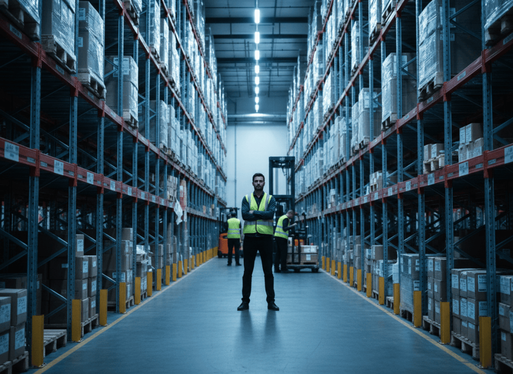 Un chef d'équipe observe de loin, bras croisés, deux opérateurs au travail dans un entrepôt logistique, ambiance tendue