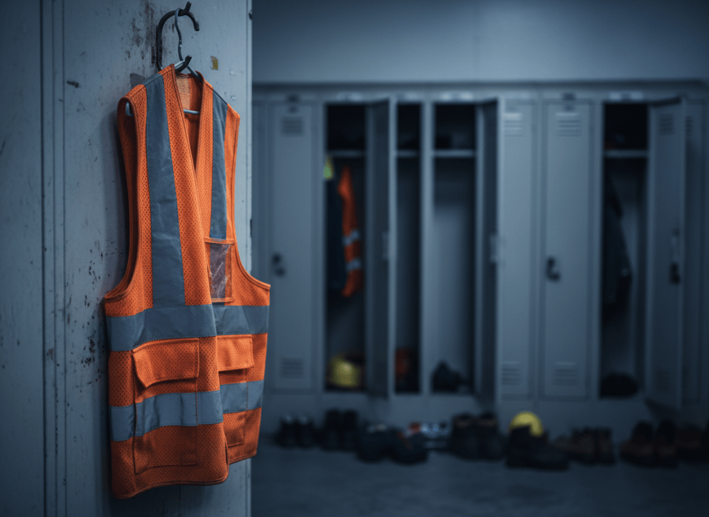 Gilet de sécurité haute visibilité vide suspendu dans un vestiaire d'entrepôt, symbole d'un poste laissé vacant