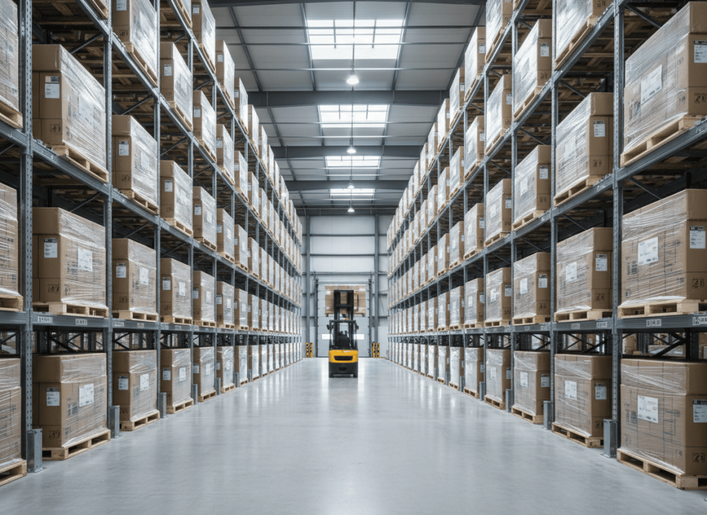 Intérieur d'un entrepôt logistique agroalimentaire tout neuf avec rayonnages et chariot élévateur en mouvement
