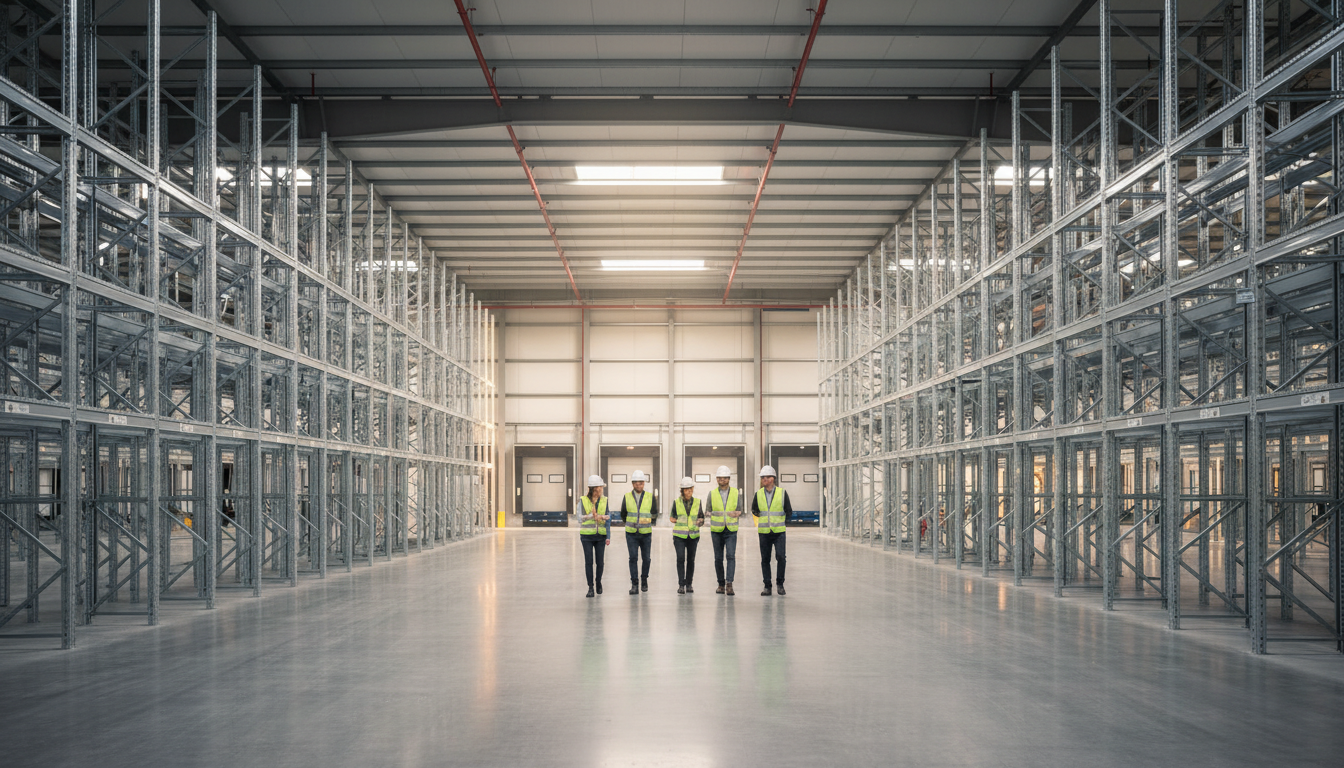 Entrepôt logistique flambant neuf avec des rayonnages vides et une équipe de responsables en visite le jour de l'ouverture du site