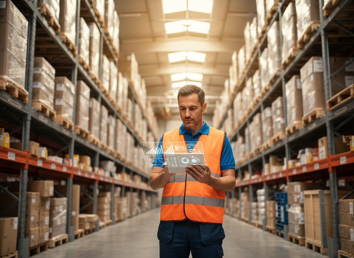 Un responsable logistique consulte des données en temps réel sur une tablette entre deux allées de racks de stockage dans un entrepôt.