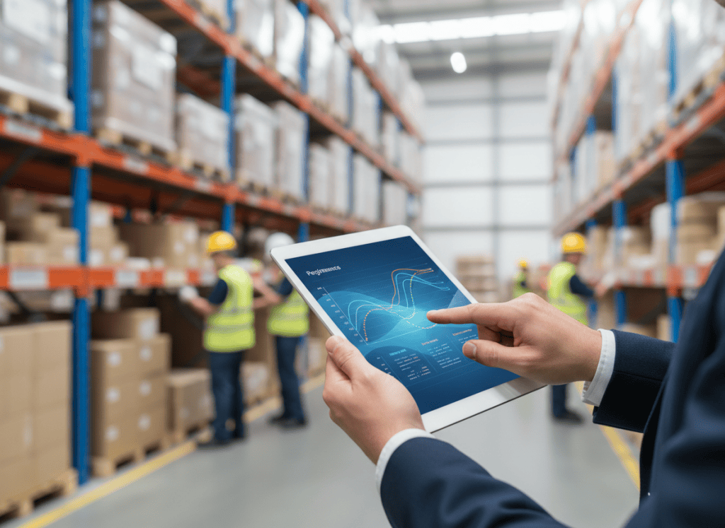 Responsable logistique consultant des indicateurs de temps de cycle sur une tablette dans un entrepôt