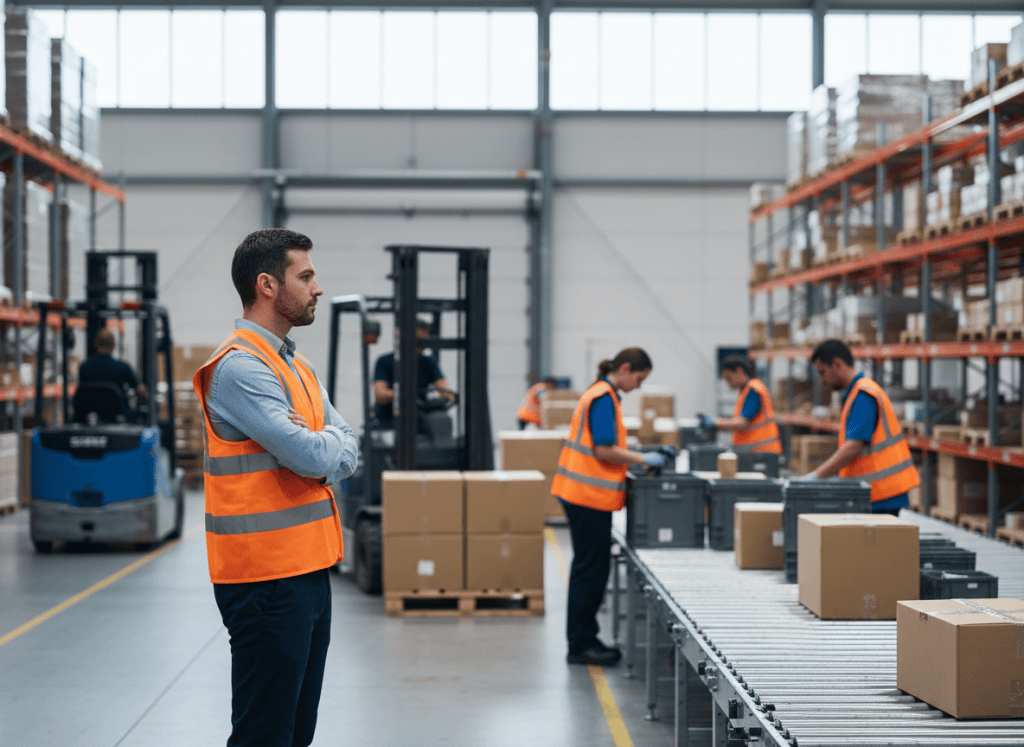 Chef d'équipe observant le flux de travail entre caristes et préparateurs de commandes dans un entrepôt logistique