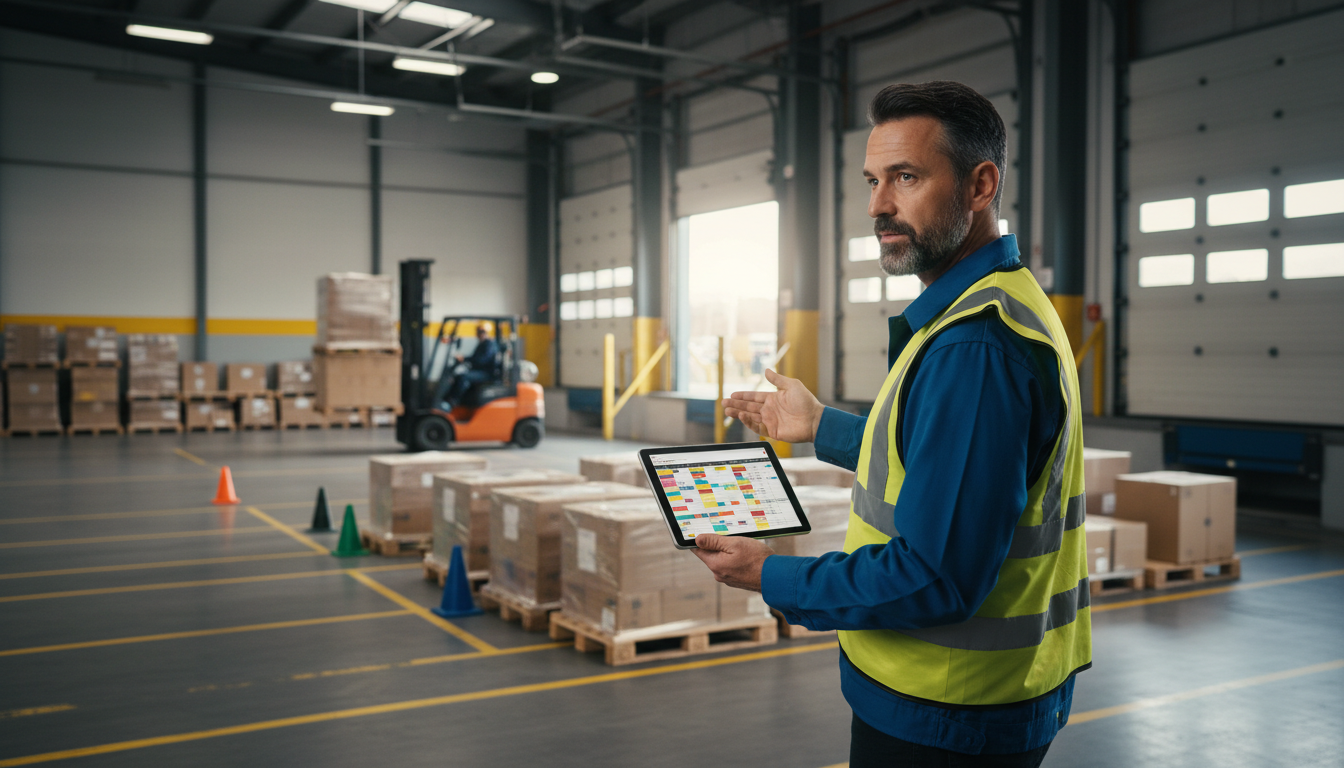 Chef d'équipe avec une tablette de gestion des rendez-vous de quai devant des palettes triées par destination