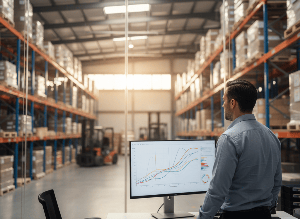 Responsable logistique observant un tableau de bord d'indicateurs sur un écran, dans un bureau surplombant un entrepôt