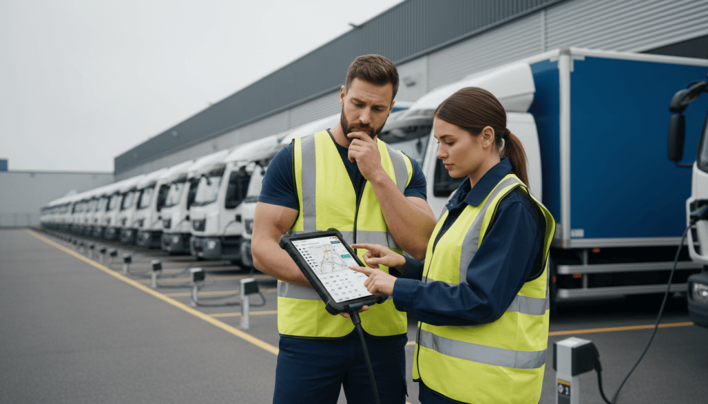 Responsable transport et chef d'équipe étudiant le planning de recharge d'une flotte de camions électriques sur un dépôt logistique