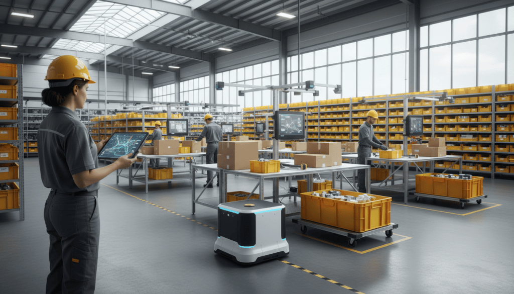 Chef d'équipe consultant une tablette près d'un poste de préparation alimenté par un robot mobile autonome
