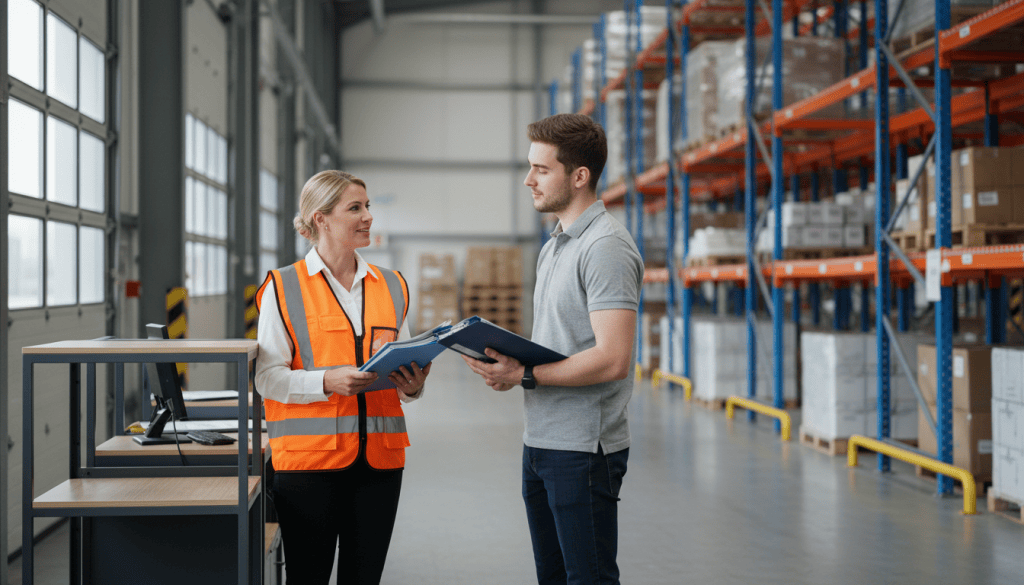 Entretien d'embauche entre une responsable RH et un candidat dans un entrepôt logistique