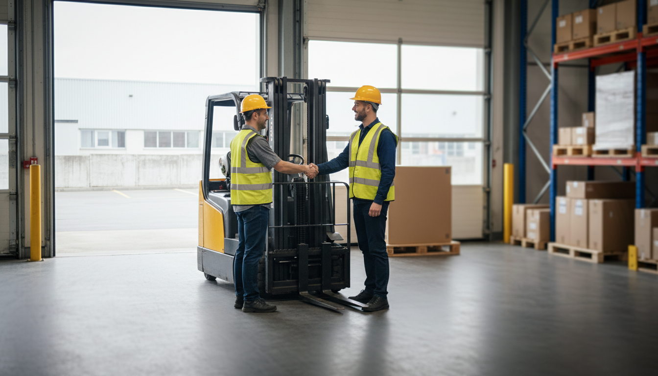 Un responsable logistique accueille et forme un nouveau cariste sur le quai d'un entrepôt, illustrant le recrutement dans la logistique