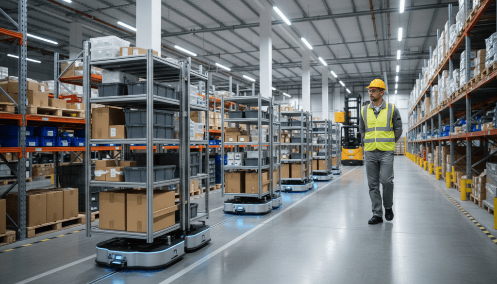 Robots mobiles autonomes circulant dans l'allée d'un entrepôt logistique aux côtés d'un opérateur en gilet haute visibilité