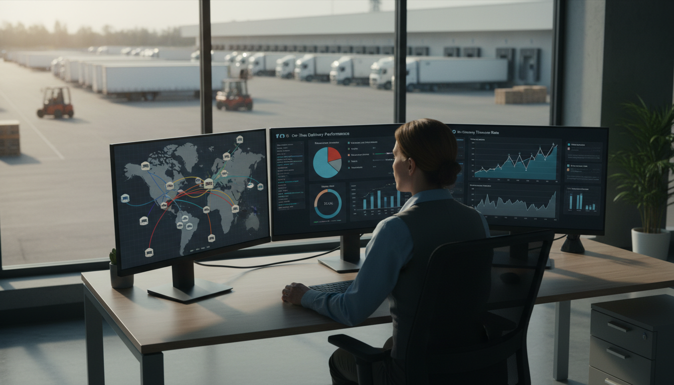 Un planificateur supply chain simule des scénarios de transport sur un réseau d'entrepôts depuis son poste de travail, quais de chargement en arrière-plan