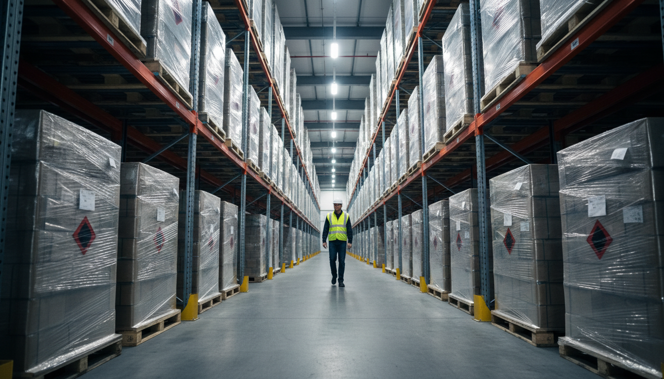 Cariste circulant dans une allée d’entrepôt logistique entre des palettes signalées par des étiquettes de danger génériques