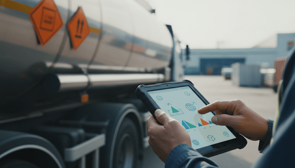 Un responsable transport consulte sur tablette le suivi numérique d'un bordereau de déchets dangereux devant un camion-citerne marqué de pictogrammes de danger.