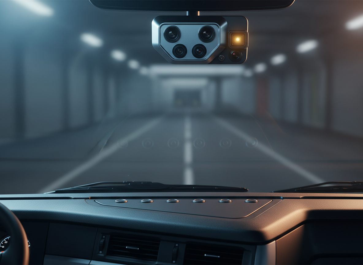 Capteurs et caméra du système de freinage d'urgence automatique à l'avant d'un camion moderne