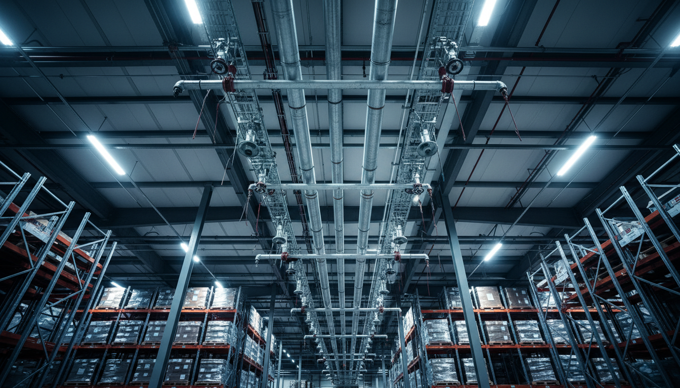 Système de sprinklage automatique installé au plafond d’un entrepôt de stockage en hauteur