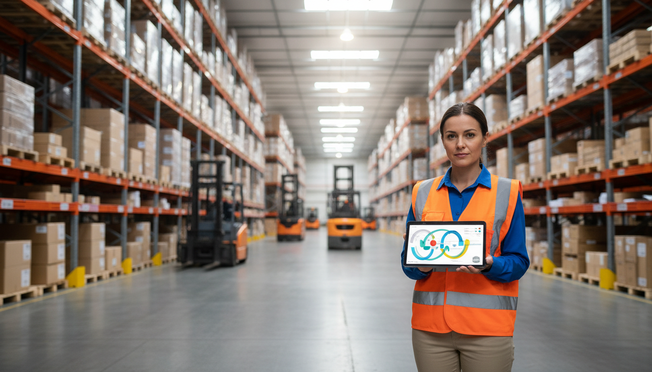 Responsable logistique consultant un tableau de bord sur tablette dans les allées d'un entrepôt