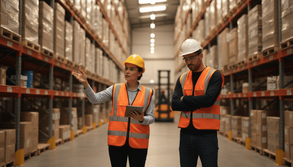 Deux collaborateurs d'entrepôt logistique en discussion tendue près des racks de stockage