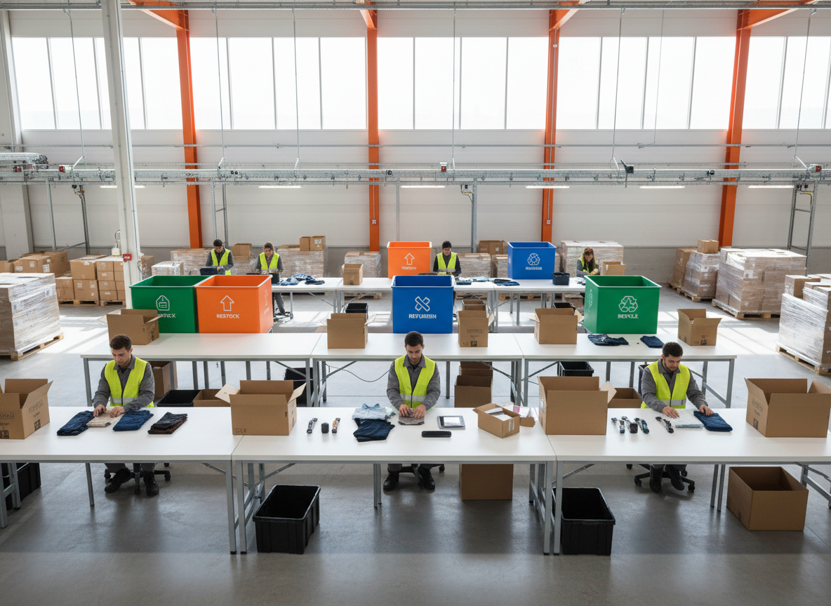 Zone de traitement des retours e-commerce dans un entrepôt logistique : tri, contrôle et reconditionnement des colis retournés
