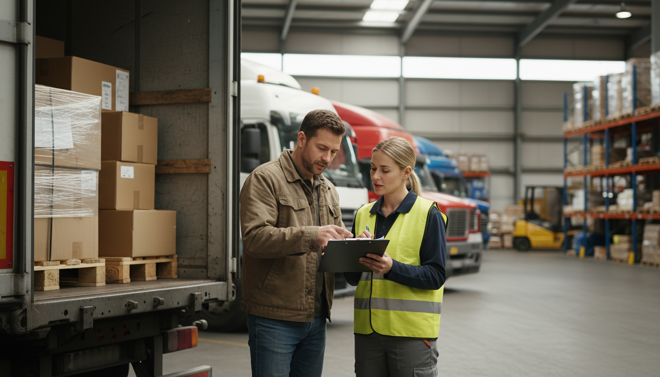 Chauffeur et responsable logistique vérifiant un document de transport au quai de chargement d'un entrepôt