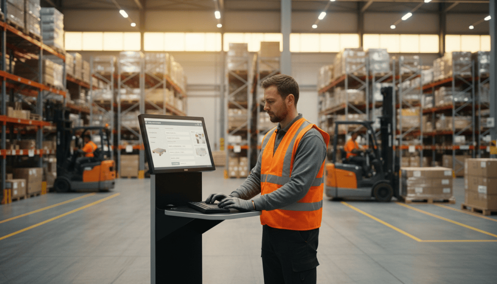 Opérateur logistique consultant un logiciel WMS sur un terminal mobile dans un entrepôt, rayonnages de palettes en arrière-plan